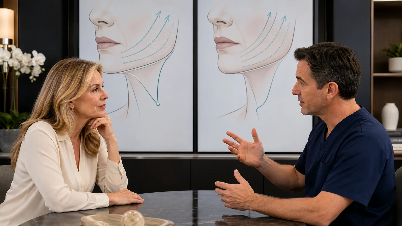 Thread lift vs surgical facelift comparison consultation with lower-face support diagrams