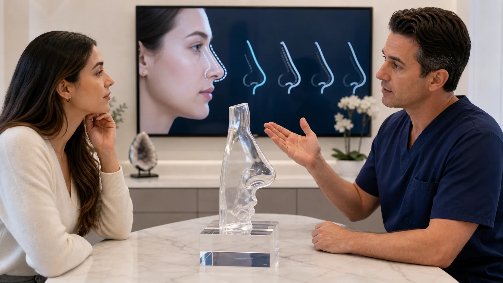 Non-surgical rhinoplasty planning with acrylic nose model and no injection imagery