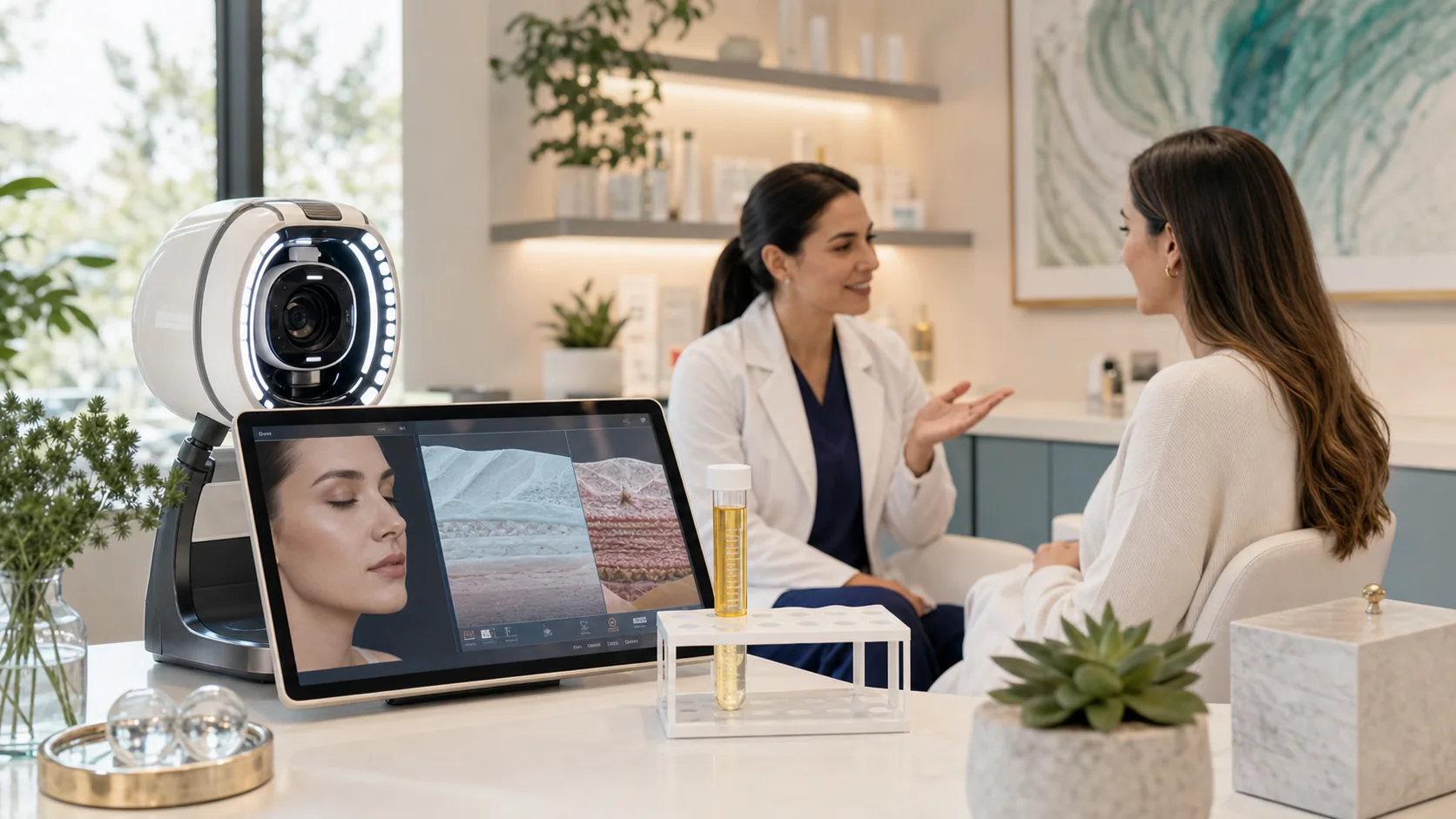 Microneedling PRP consultation with skin texture analysis and no blood or needles