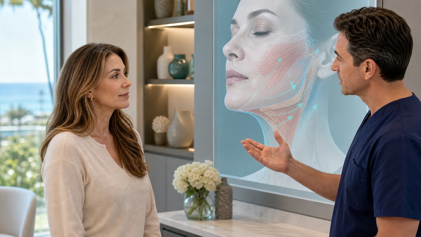 Deep plane facelift consultation with lower-face anatomy projection and no injection imagery