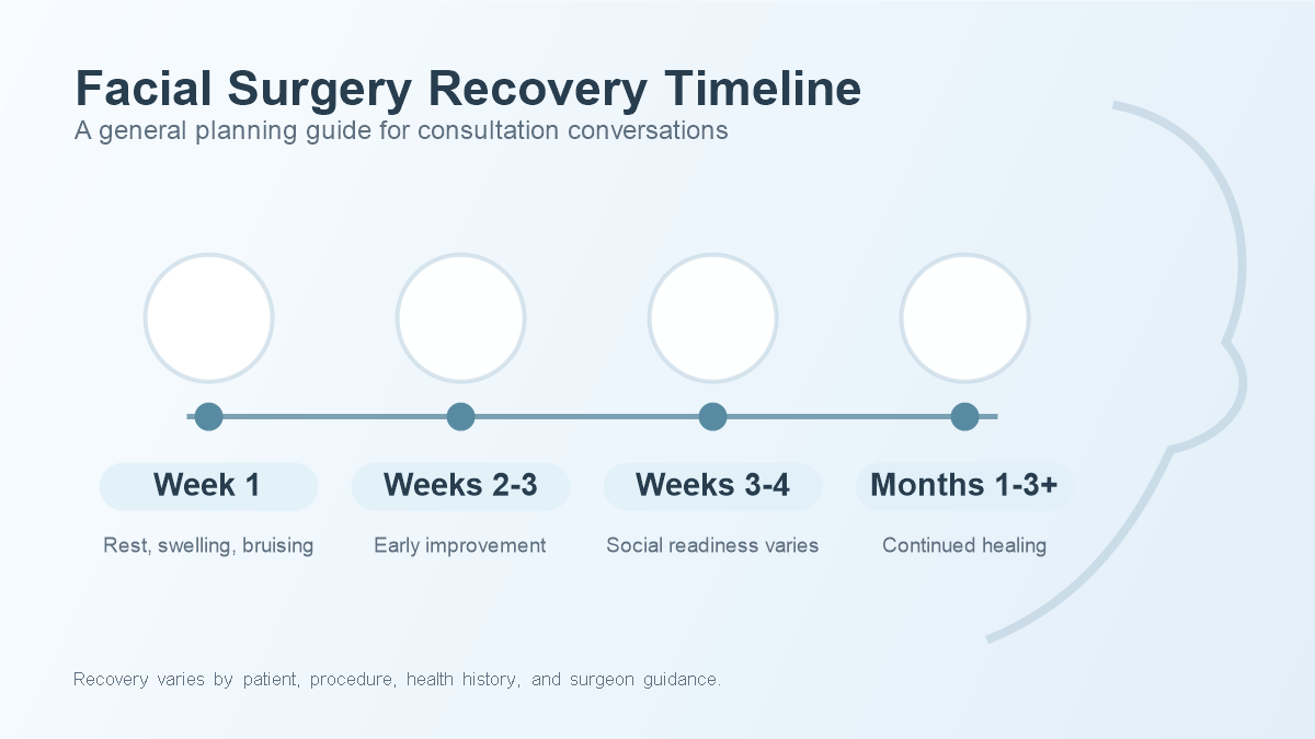 Facial surgery recovery timeline planning guide with general recovery phases